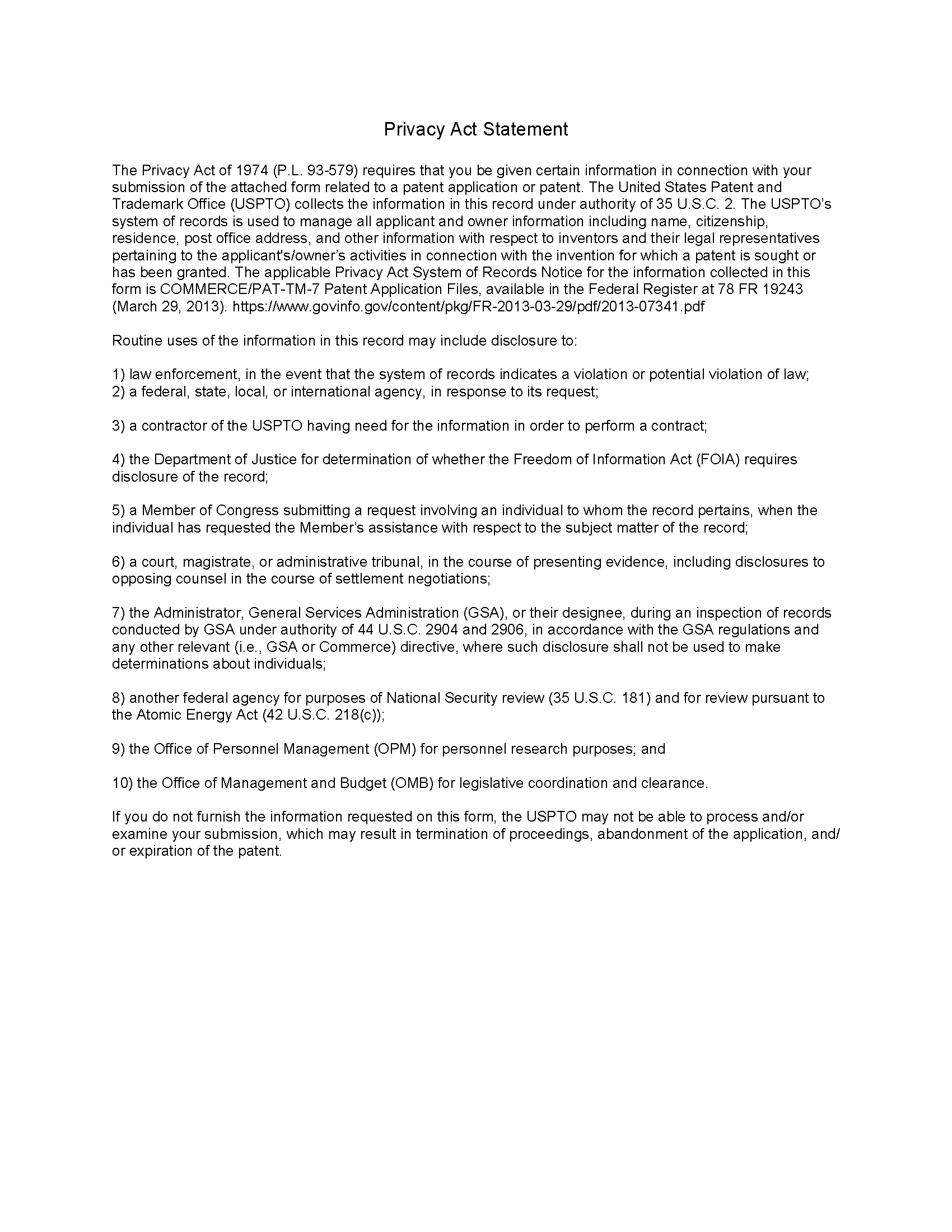 SB/64a Privacy Act Statement