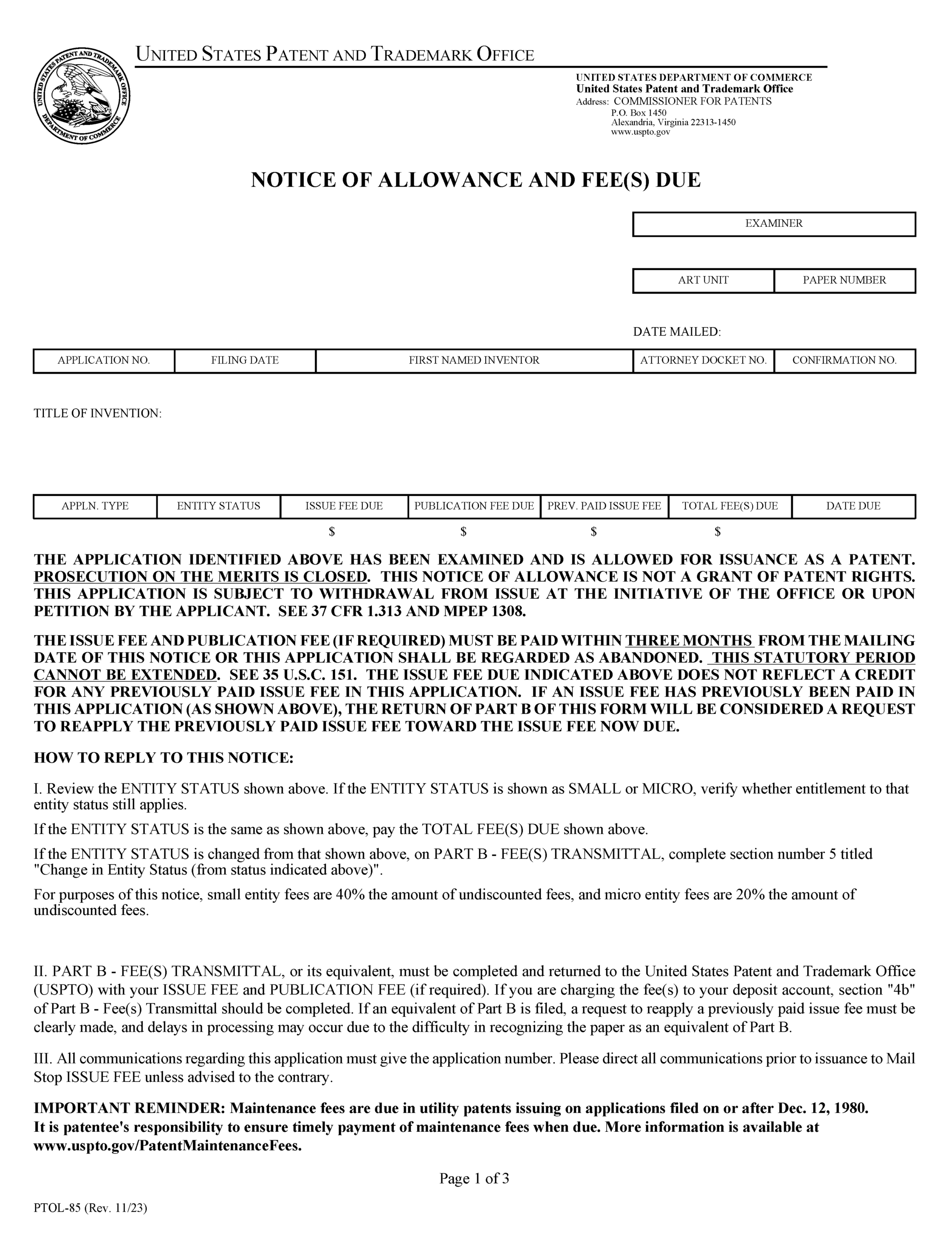 Notice of Allowance and Fee(s) Due (PTOL-85)
