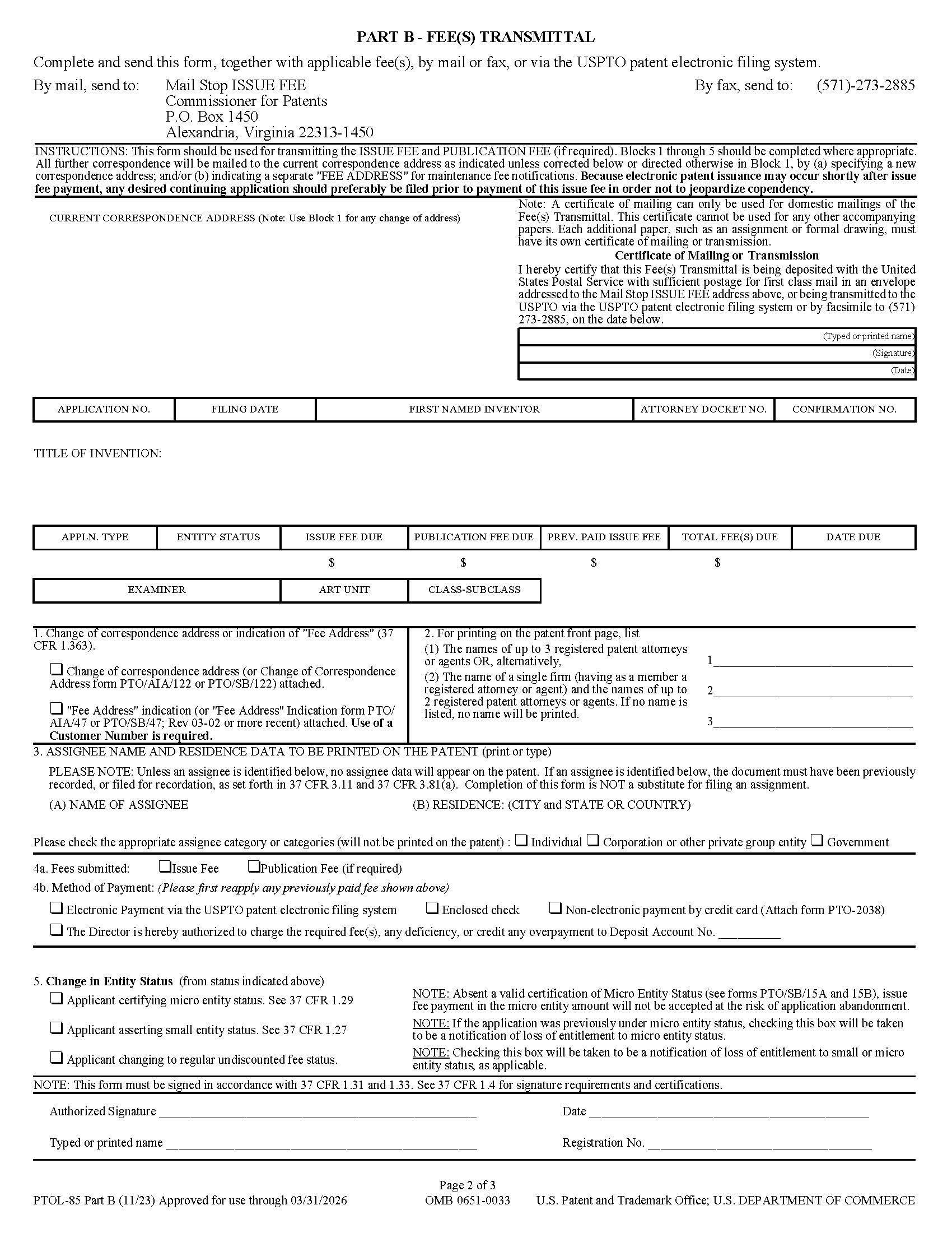 Part B - Fee(s) Transmittal (PTOL-85)