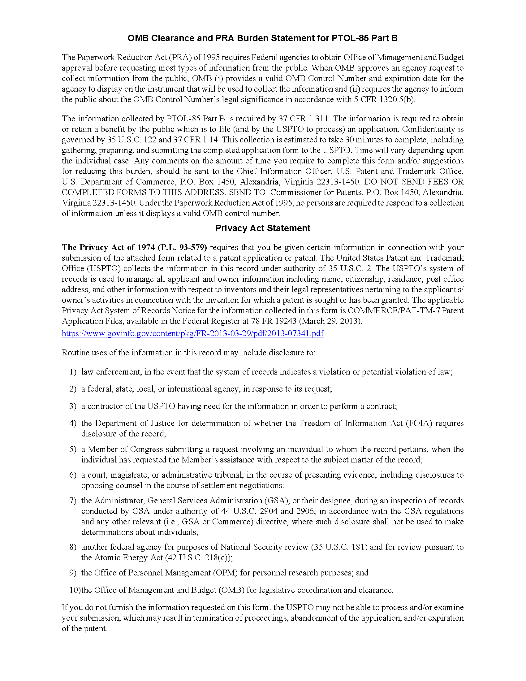 Determination of Patent Term Extension or Adjustment under 35 U.S.C. 154(b) (Application filed after June 7, 1995 but prior to May 29, 2000) (Form PTOL-85 - page 3)