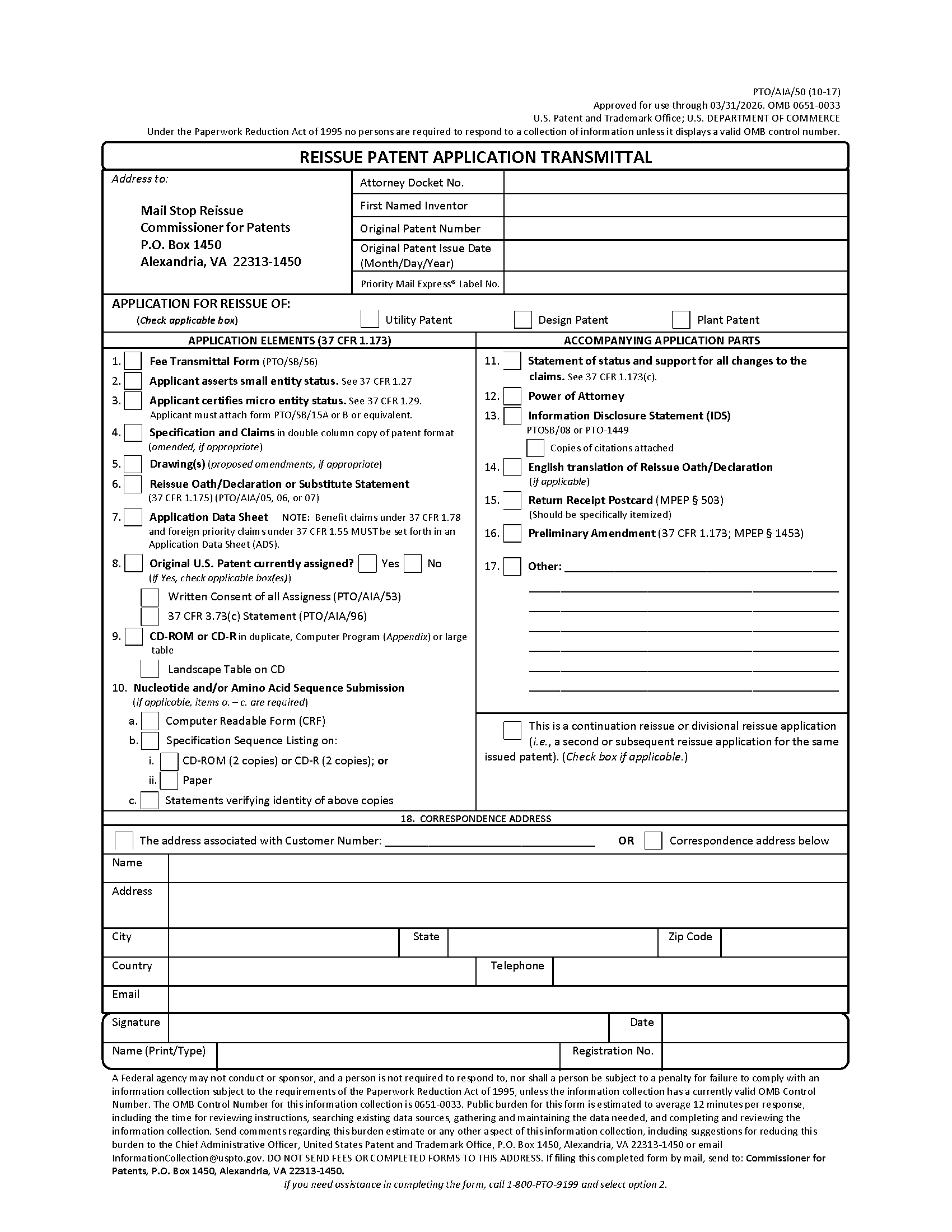 Reissue Patent Application Transmittal Page 1