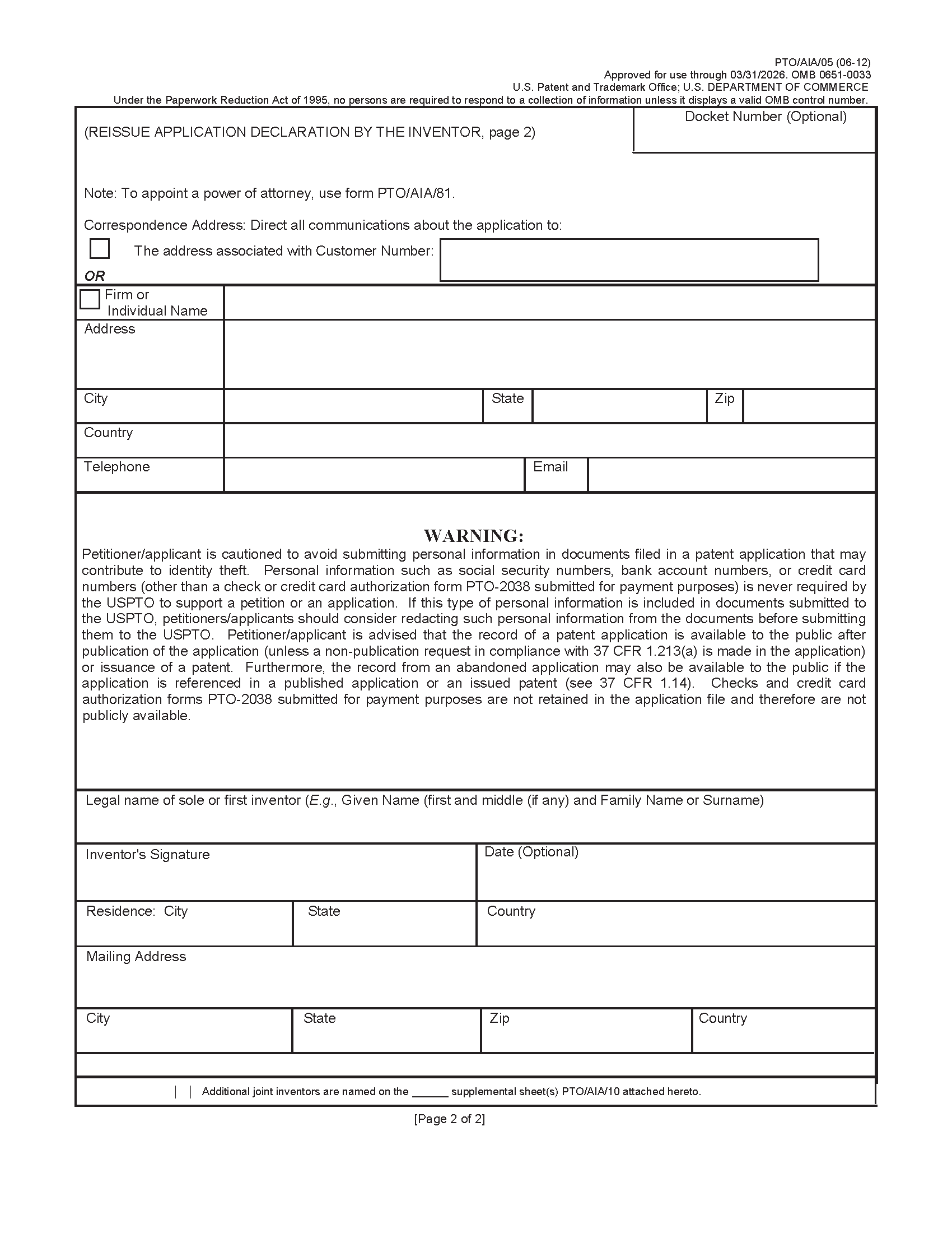 PTO/AIA/05 Page 2