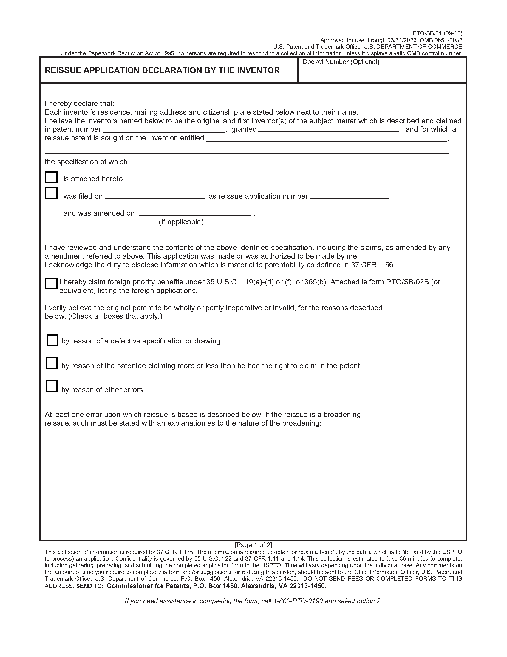 Reissue Application Declaration by the Inventor Page 1