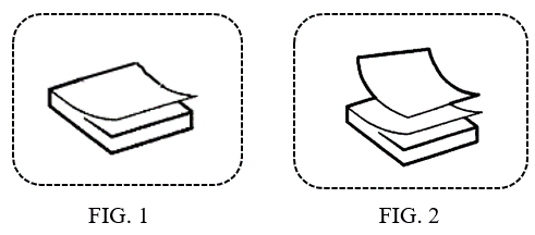 Image shows a figure 1 and a figure 2. Figure 1 shows a first image of a paper stack in a sequence with one sheet lifted up and which is surrounded by a broken line box. Figure 2 shows a second image of a paper stack in a sequence with two sheets lifted up and which is surrounded by a broken line box.