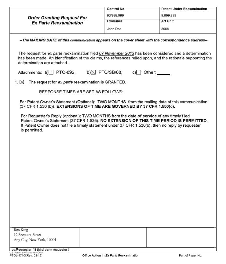 Example (1): Decision Granting Request for Reexamination