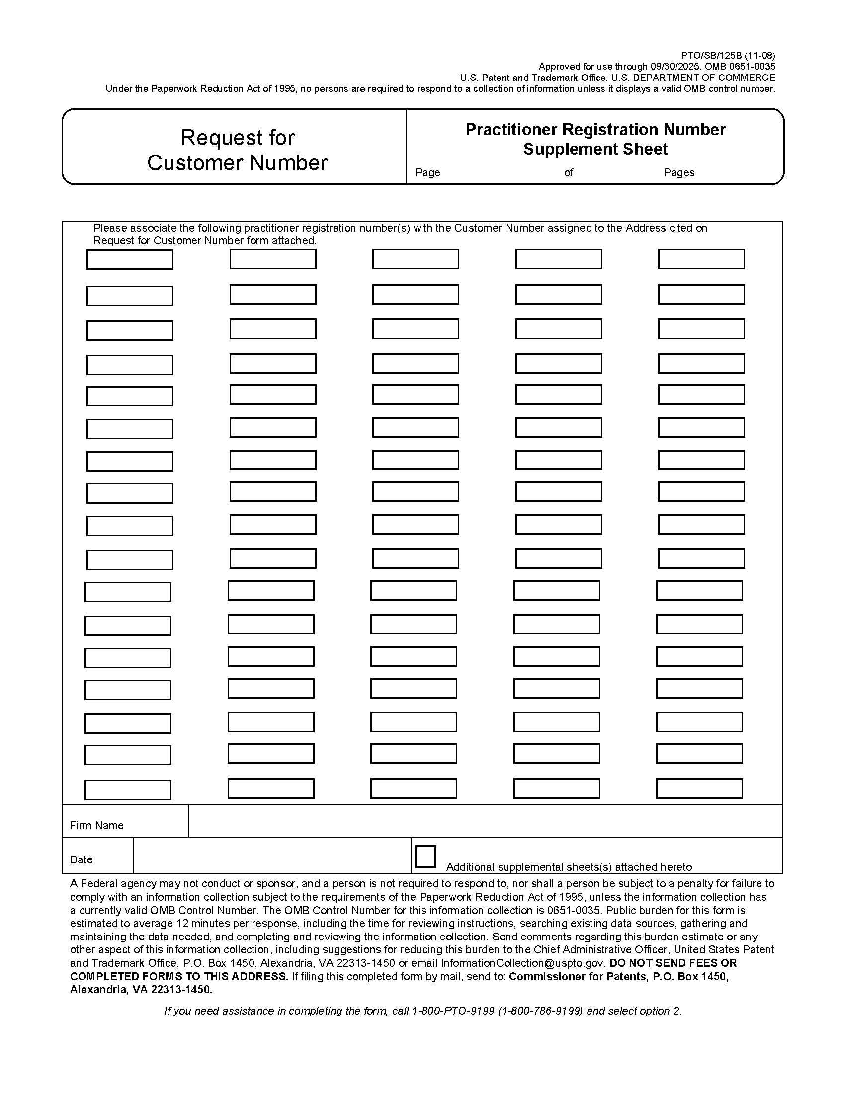 Request for Customer Number -- PTO/SB/125B