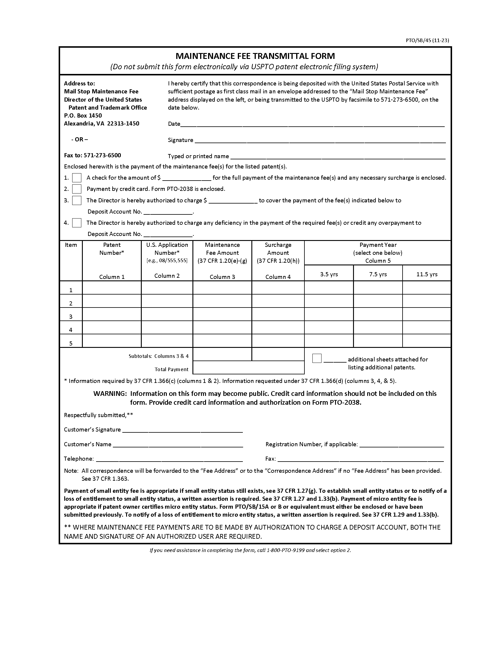 Maintenance Fee Transmittal Form (PTO/SB/45)