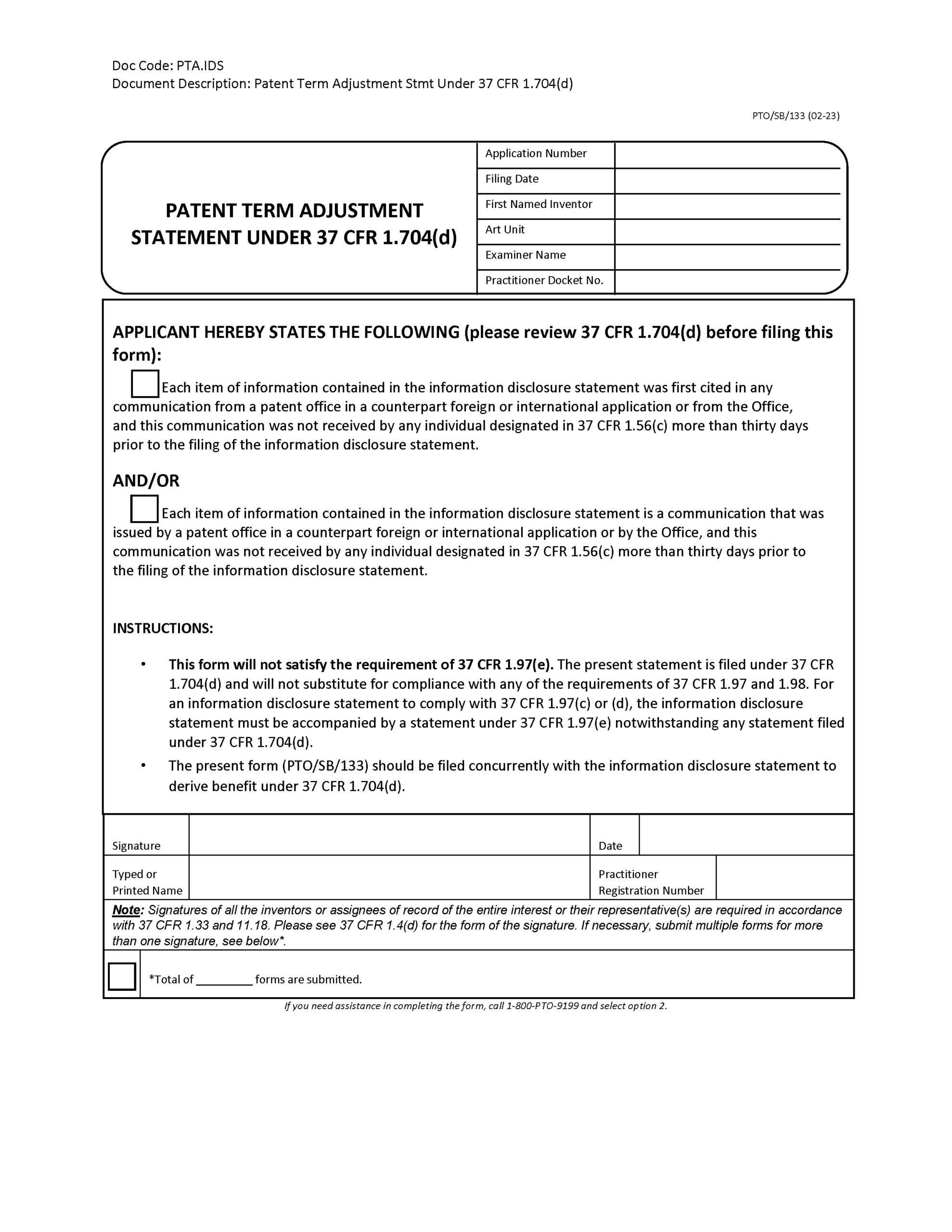 PTO/SB/133 Patent Term Adjustment Statment under 37 CFR 1.704(d), Page 1