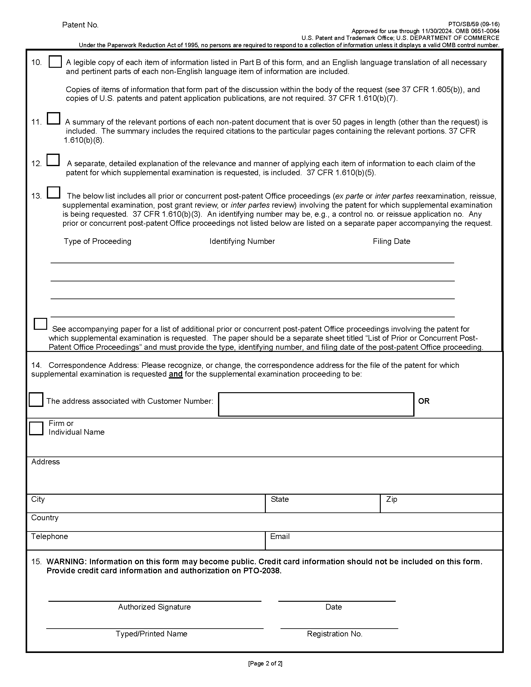 Form PTO/SB/59. Page 2 of 2. Request for Supplemantal Examination Transmittal Form.