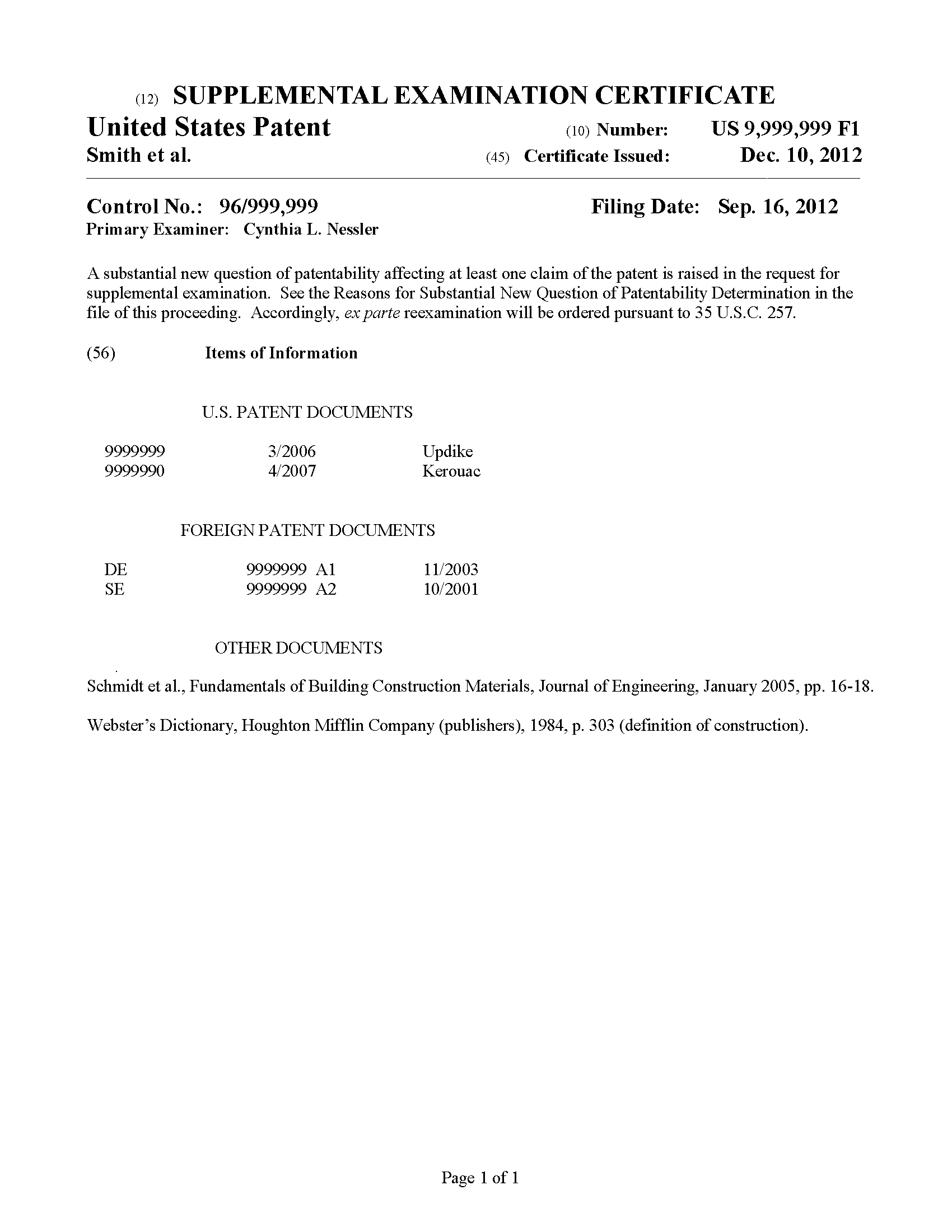 Supplemental examination certificate - New question of patentability - Page 1 of 1.