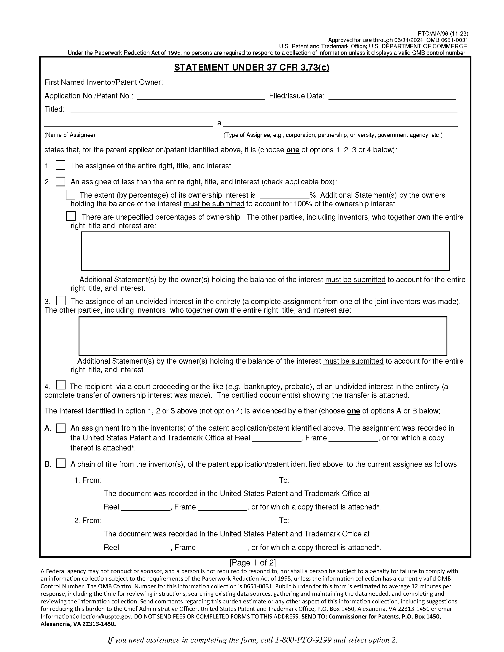 Form PTO/AIA/96. Statement Under 37 CFR 3.73(c), page 1