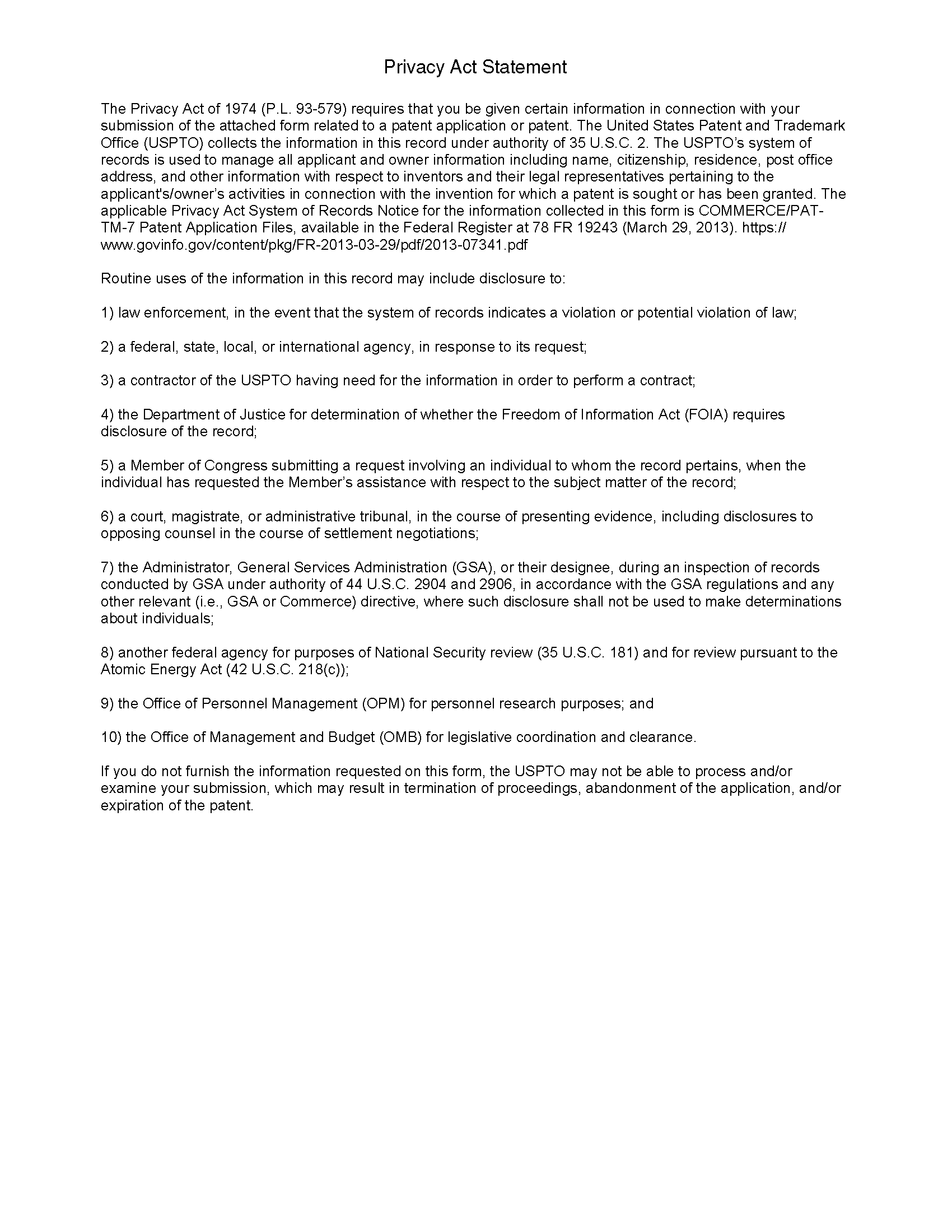 Form PTO/AIA/96. Statement Under 37 CFR 3.73(c), privacy act statement