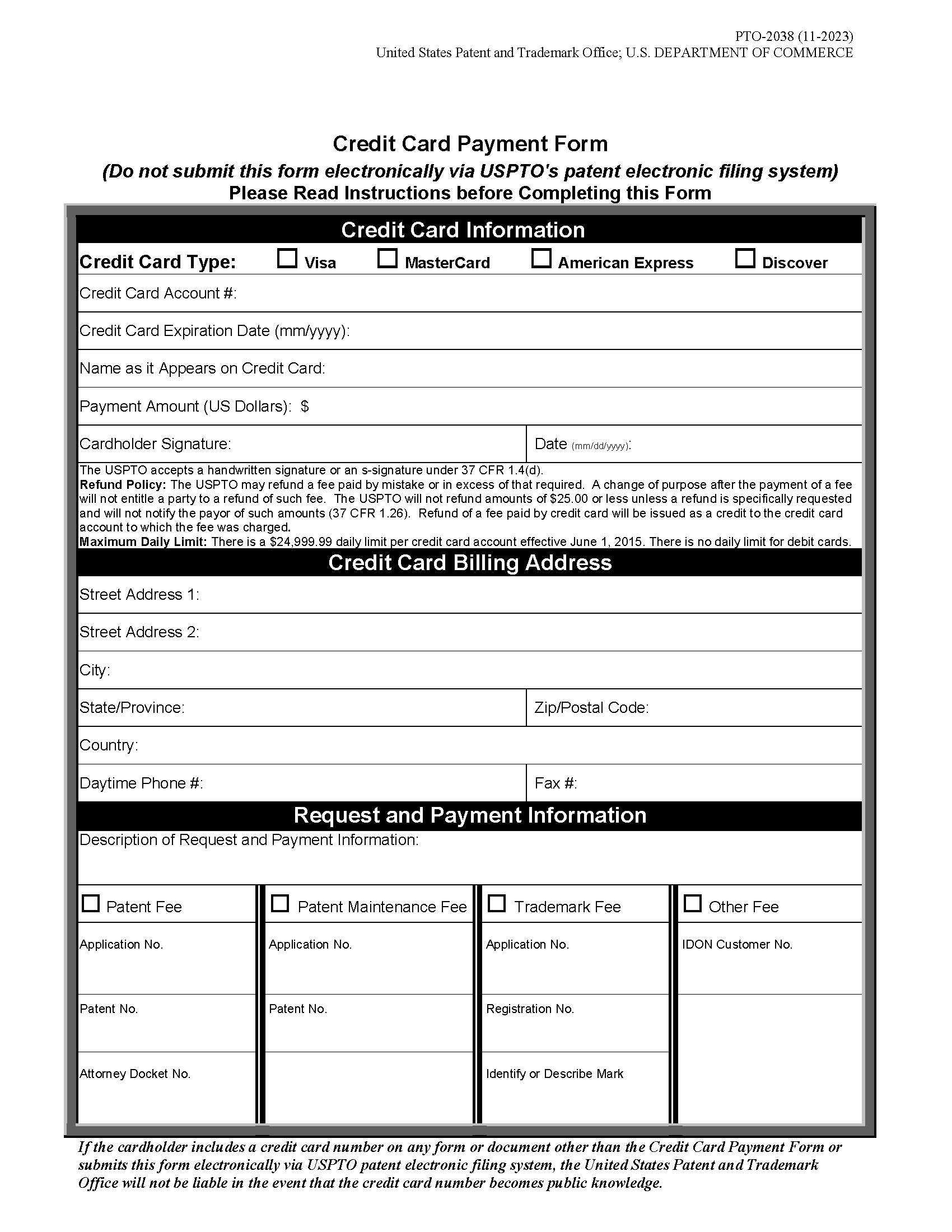Credit Card Payment Form (PTO-2038)