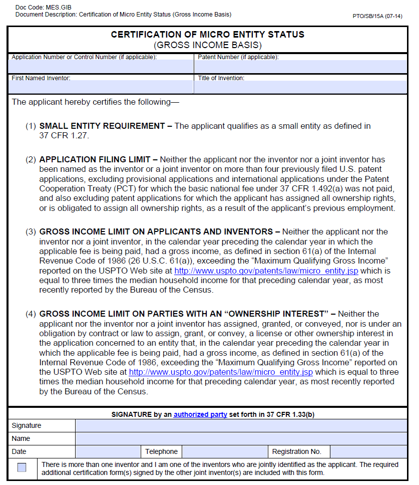 Certification of Micro Entity Status (Gross Income Basis)