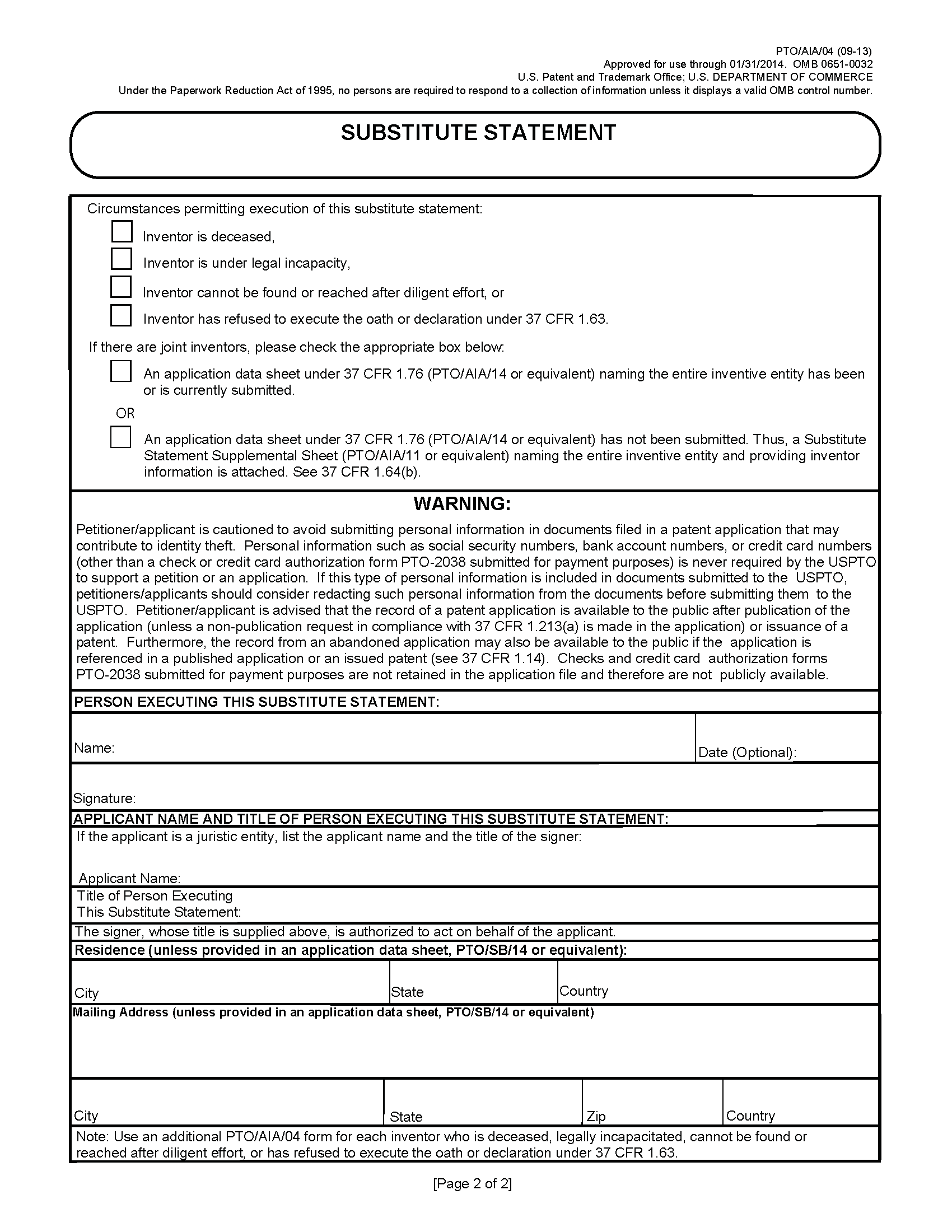PTO/AIA/04 Substitute Statement