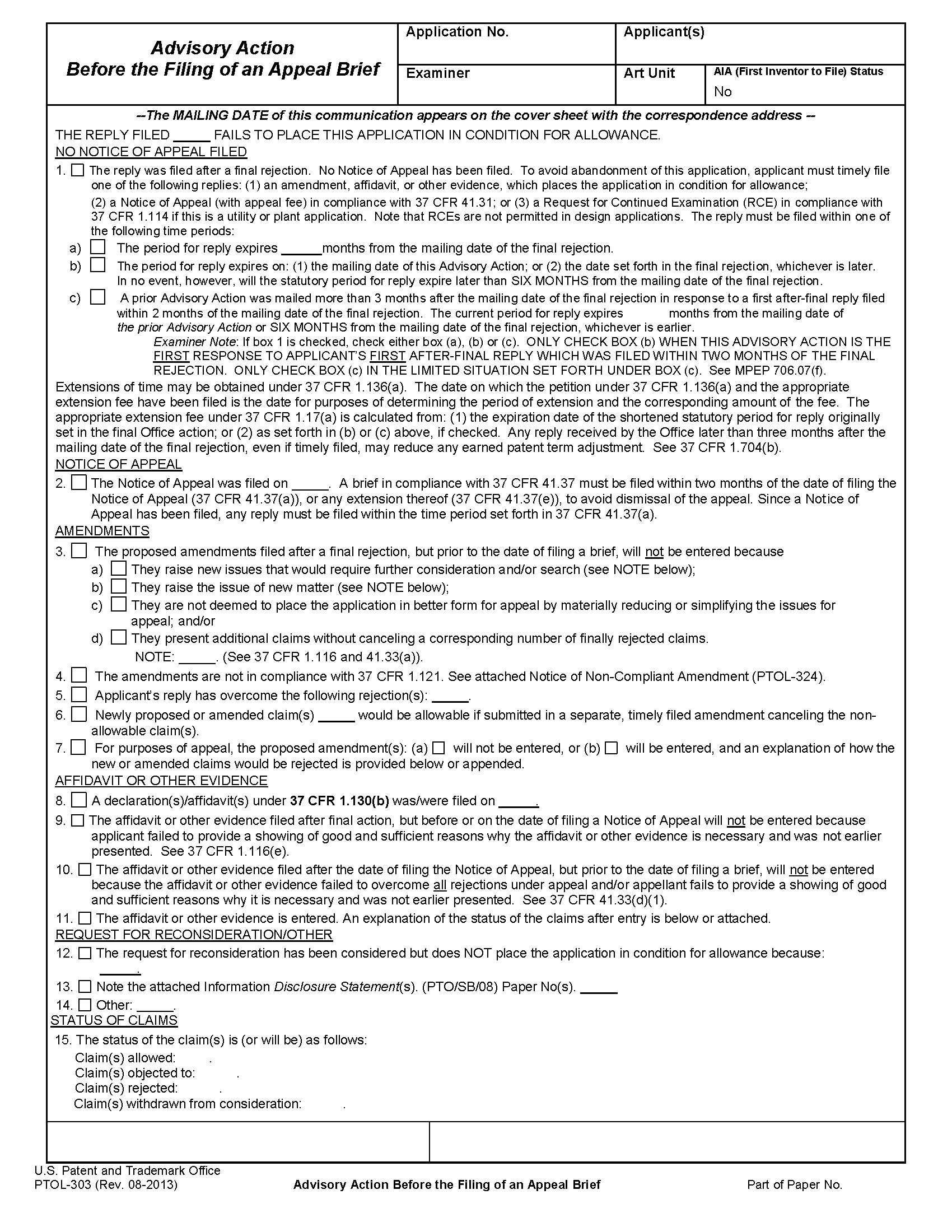 Form PTOL-303 Advisory Action Before the Filing of an Appeal