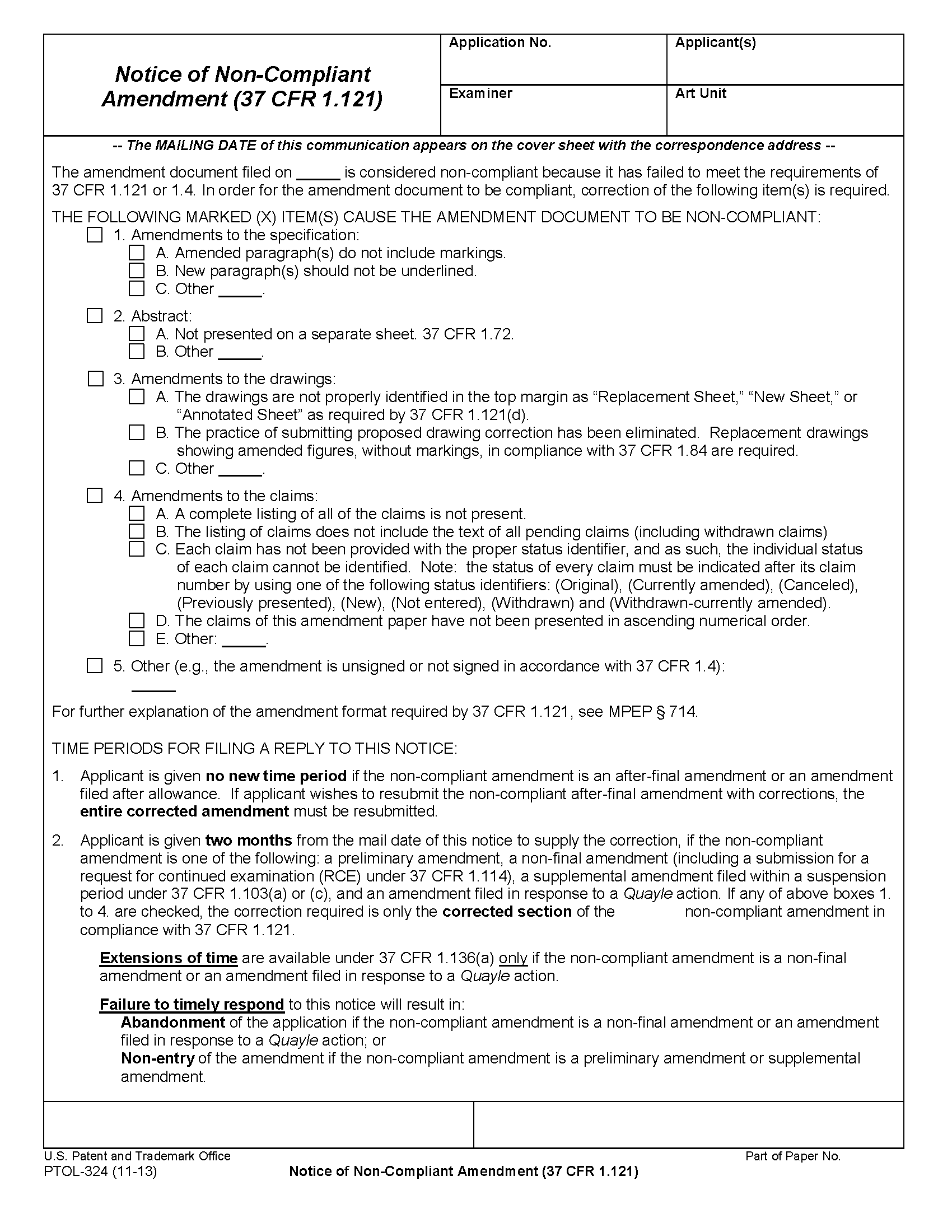 Form PTOL324 Notice of Non-Compliant Amendment (37 CFR 1.121)