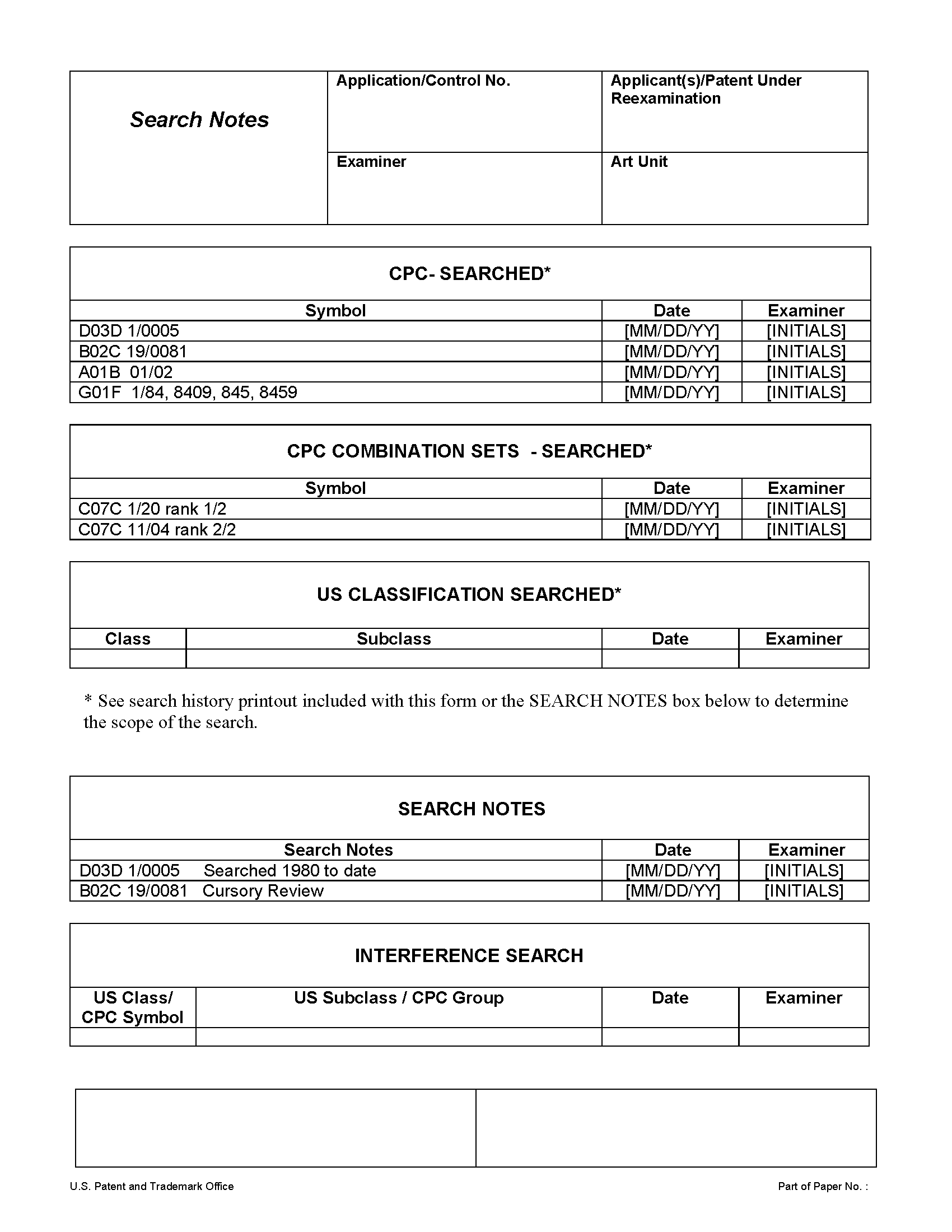 Official Correspondence "Search Notes" page